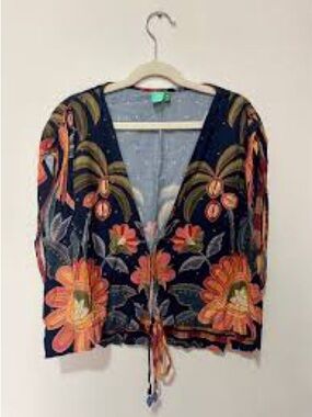 FARM Rio Navy V-Neck Tie-Front Top with Orange Floral Print